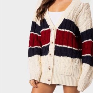 Aerie Cream, Red, and Navy Cable Knit Cardigan